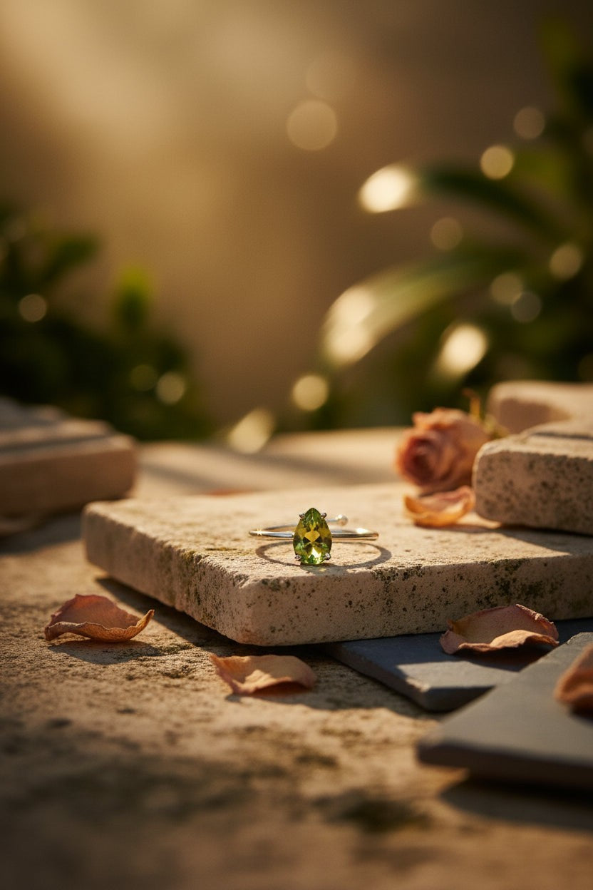 Anel KÖRÖSSY | Joias e Semijoias delicadas e autorais em prata 925 com peridoto verde luminoso lapidado em gota.