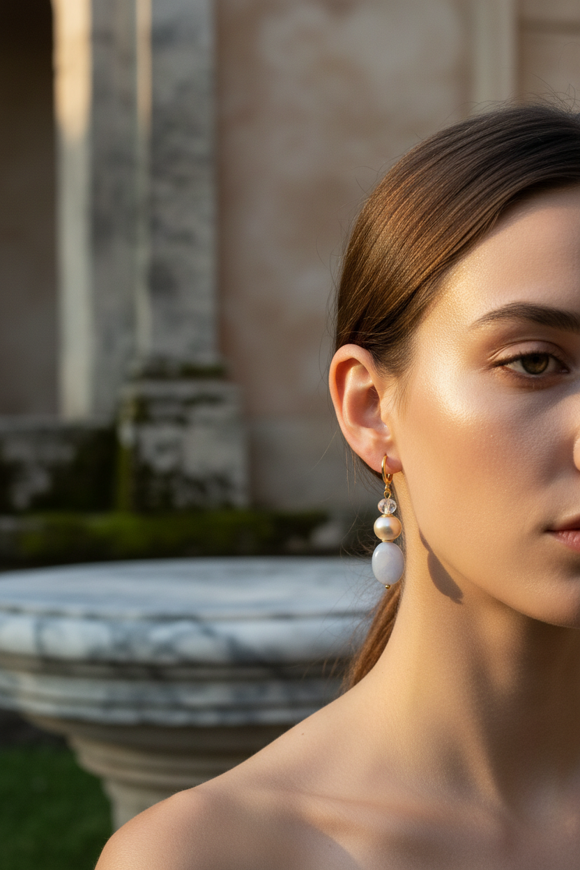 Brincos Duna Azul (Kék) da Körössy — semijoia banhada a ouro 18k com ágata blue lace, pérola e cristal austríaco, feitos à mão.