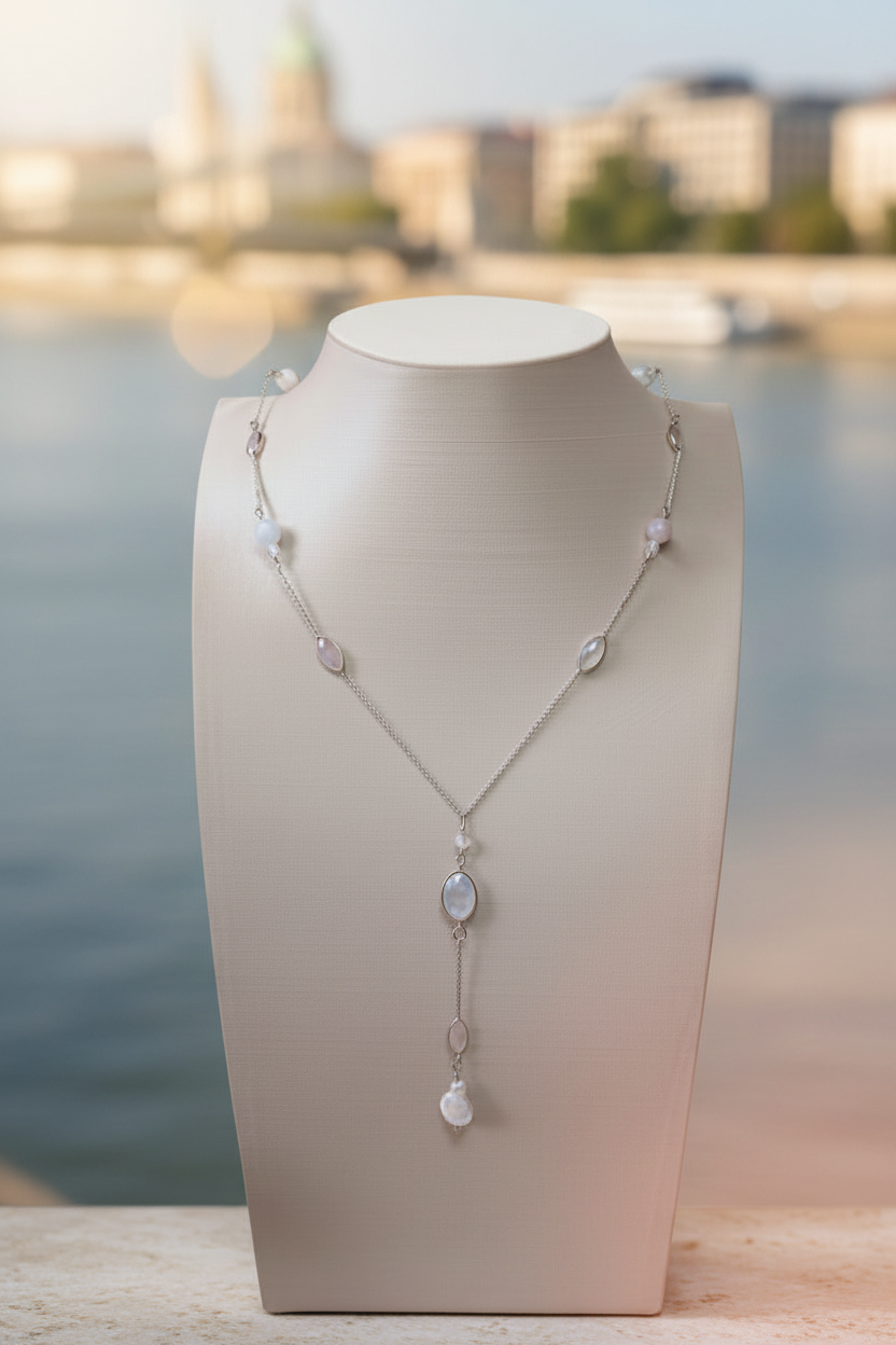 Colar Éteri Fény da Körössy — joia em prata 925 com pérola Biwa, pedra da lua e quartzo rosa, feito à mão.