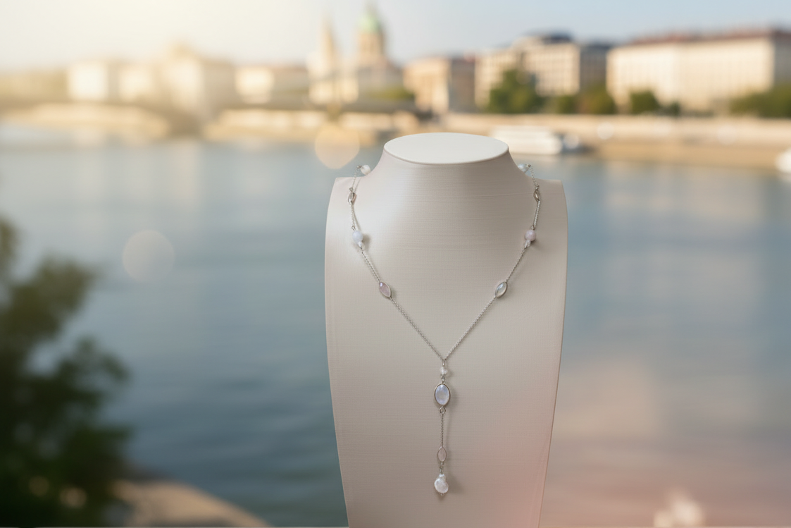 Colar Éteri Fény da Körössy — joia em prata 925 com pérola Biwa, pedra da lua e quartzo rosa, feito à mão.