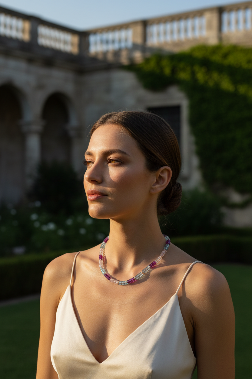 Colar Élénk Arco-Íris (Szivárvány Fény) da Körössy — semijoia banhada a ouro 18k com fluorita arco-íris e cristal austríaco, feito à mão.