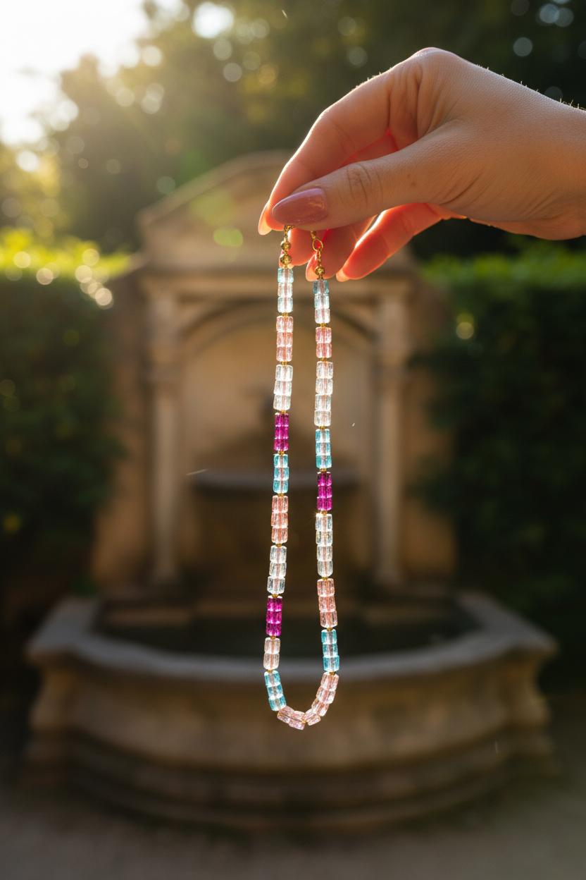 Colar Élénk Arco-Íris (Szivárvány Fény) da Körössy — semijoia banhada a ouro 18k com fluorita arco-íris e cristal austríaco, feito à mão.
