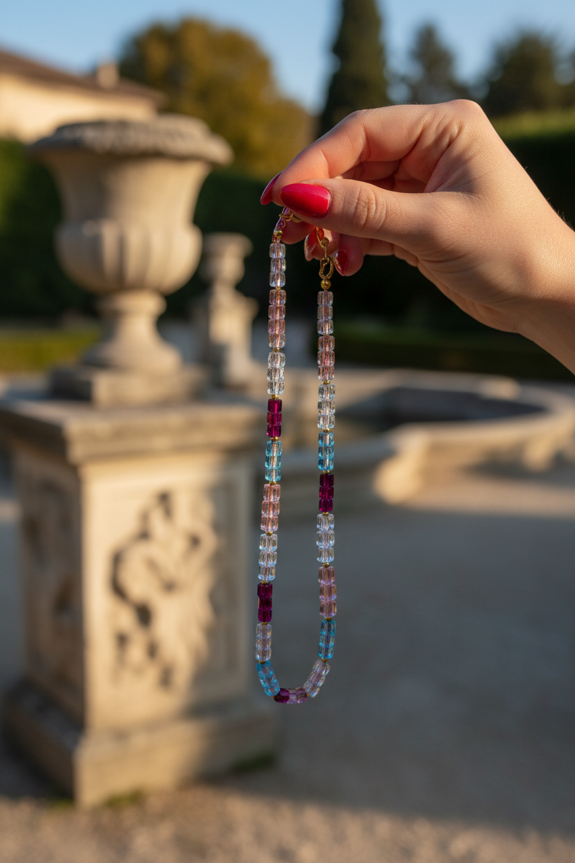 Colar Élénk Arco-Íris (Szivárvány Fény) da Körössy — semijoia banhada a ouro 18k com fluorita arco-íris e cristal austríaco, feito à mão.