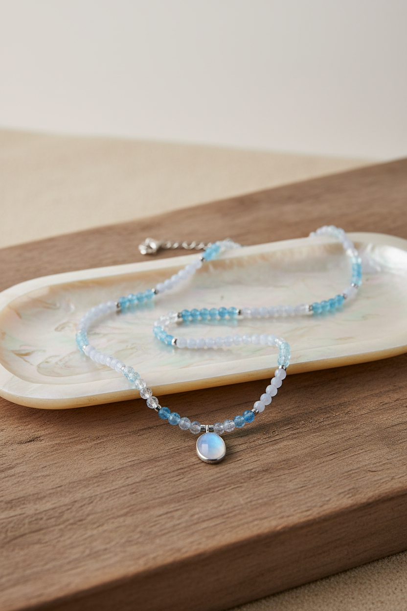 Colar Duna Tündöklés da Körössy — joia em prata 925 com água-marinha, ágata blue lace e pingente de pedra da lua, feito à mão.
