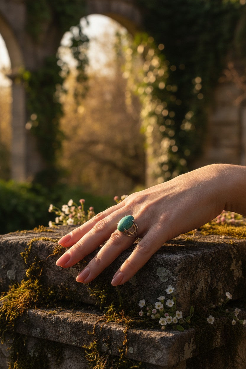 Anel KÖRÖSSY | Joias e Semijoias delicadas e autorais em prata 925 com amazonita verde-água lapidação cabochão.