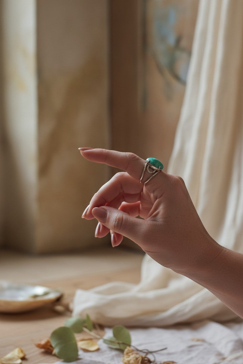 Anel KÖRÖSSY | Joias e Semijoias delicadas e autorais em prata 925 com amazonita verde-água lapidação cabochão.
