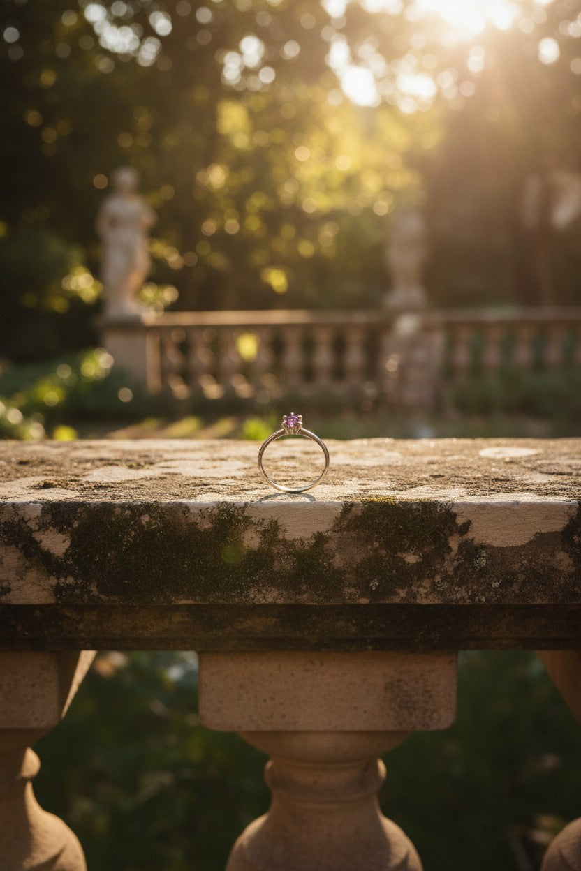 Anel KÖRÖSSY em prata 925 com turmalina rosa delicada, estilo coração, em cenário externo com luz solar.