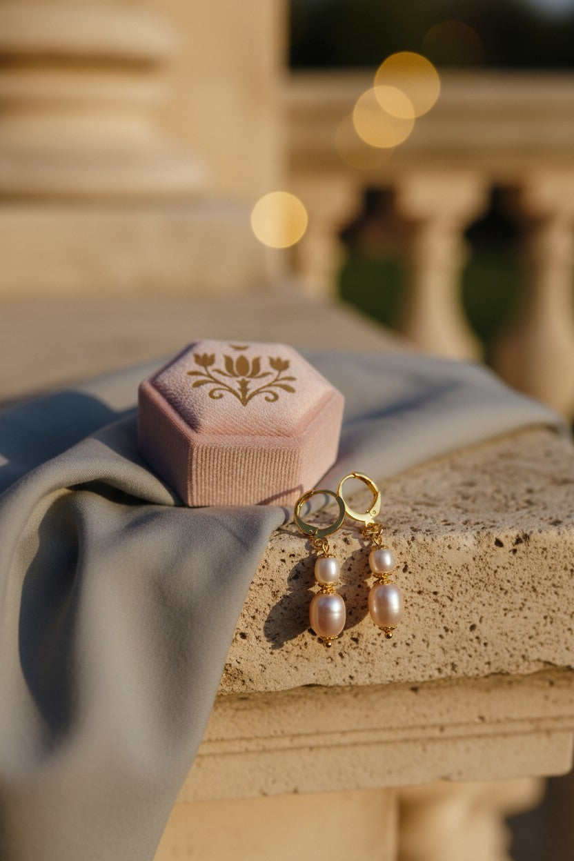 Brincos KÖRÖSSY | Joias e Semijoias delicadas e autorais com pérolas rosé e banho de ouro 18k.