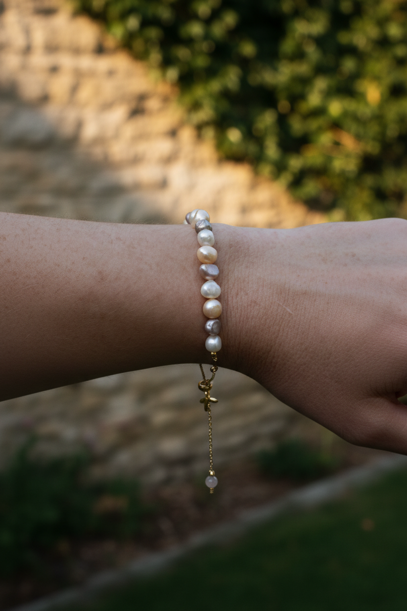 Pulseira Pasztell Pérolas da Alma (Lélek Gyöngy) da Körössy — semijoia banhada a ouro 18k com pérola, feita à mão.
