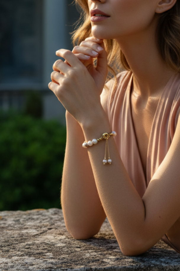 Pulseira Pasztell Pérolas da Alma (Lélek Gyöngy) da Körössy — semijoia banhada a ouro 18k com pérola, feita à mão.