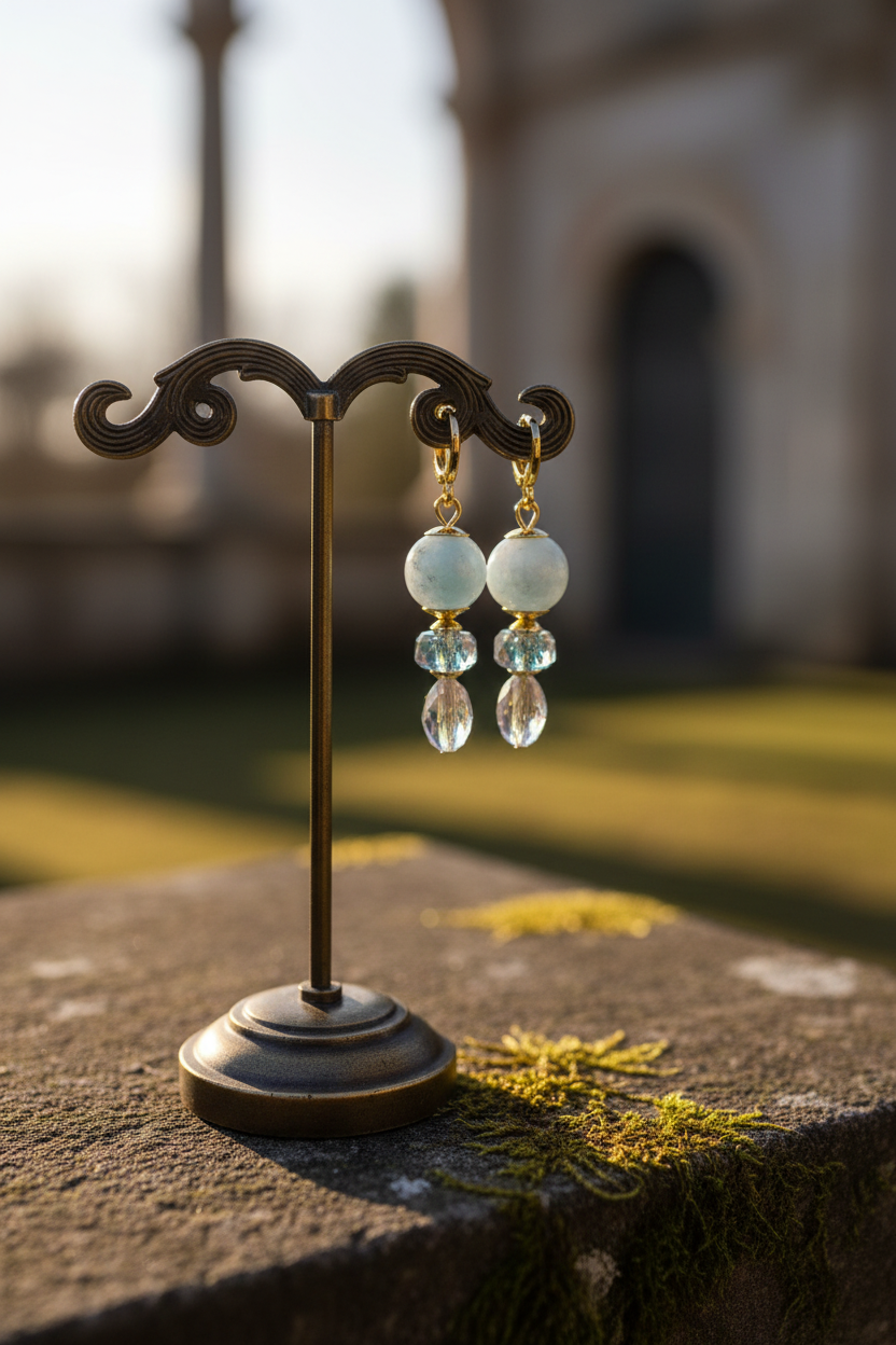Brincos Duna Luz (Fény) da Körössy — semijoia banhada a ouro 18k com água-marinha e cristal austríaco, feitos à mão.