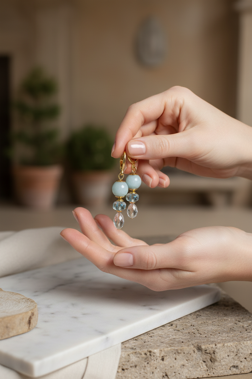 Brincos Duna Luz (Fény) da Körössy — semijoia banhada a ouro 18k com água-marinha e cristal austríaco, feitos à mão.