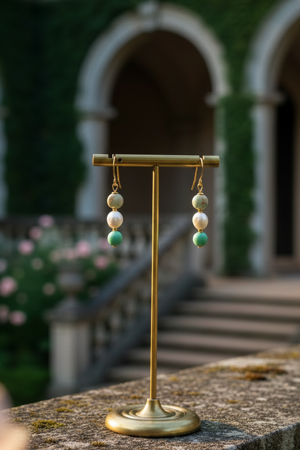 Brincos Liget Equilíbrio (Egyensúly) da Körössy — semijoia banhada a ouro 18k com crisoprásio e pérola, feitos à mão.